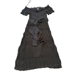 ABS Allen Schwartz Women XXS Sheer Black Sequin Beaded Tiered Ribbon‎ Tie Dress
